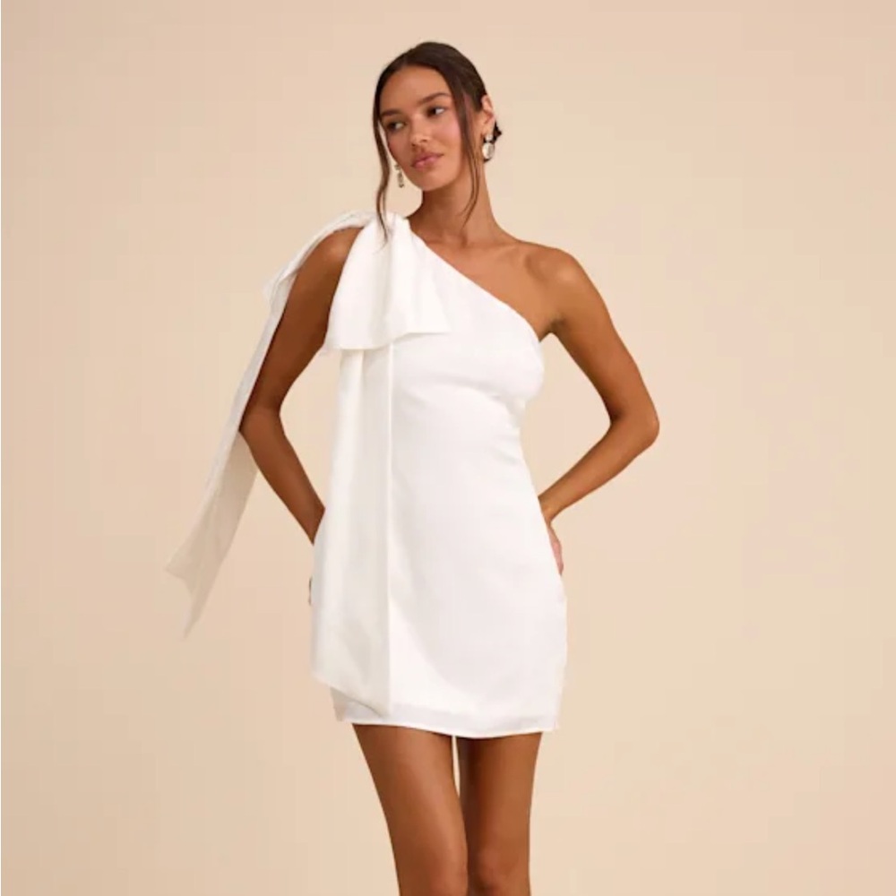 Lulus Jayda White Satin Jacquard One-Shoulder Sash Mini Dress
